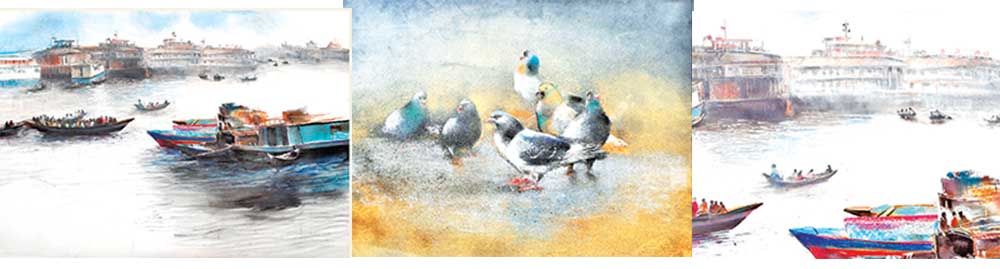 Buriganga River-1	Charcoal and pastel on paper  & Pigeons -3	Charcoal and pastel on paper  & Buriganga River-2	Charcoal and pastel on paper 