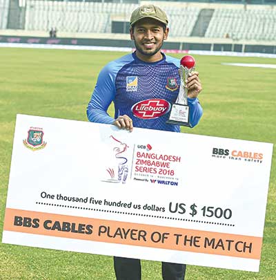 Bangladesh cricketer Mushfiqur Rahim holds the Man of the Match trophy following a presentation ceremony during the fifth day of the second Test cricket match between Bangladesh and Zimbabwe at the Sher-e-Bangla National Cricket Stadium  in Dhaka on Thursday.	photo: AFP 