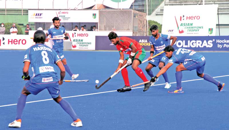 A moment of the match between Bangladesh and India in the Hero Asian Champions Trophy Hockey at the Maulana Bhasani National Hockey Stadium in Dhaka on Wednesday.  	photo: BHF