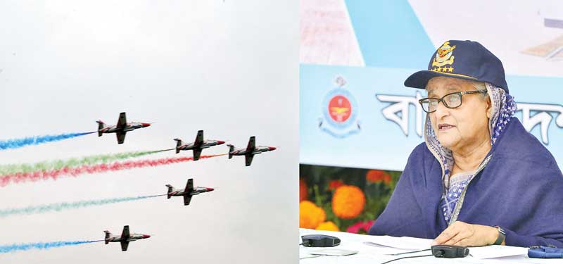 Prime Minister Sheikh Hasina addressing as chief guest during the President Winter Parade of the Bangladesh Air Force Academy, joining virtually from her official Ganabhaban residence on Thursday.	photo : pid