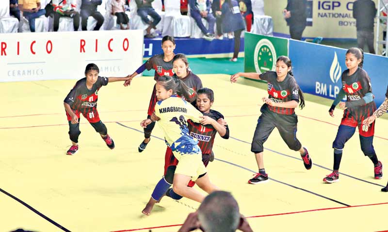 A moment of a girls' section match of the IGP Cup National Youth Kabaddi Championship 2021 on Thursday at the historic Paltan Ground in Dhaka. 	photo: Observer DESK