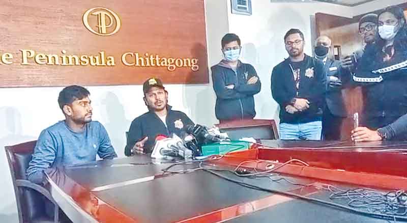 Mehidy Hasan Miraz during a press meet on his withdrawal from Chattogram Challengers on Sunday.   	photo:: screenshot