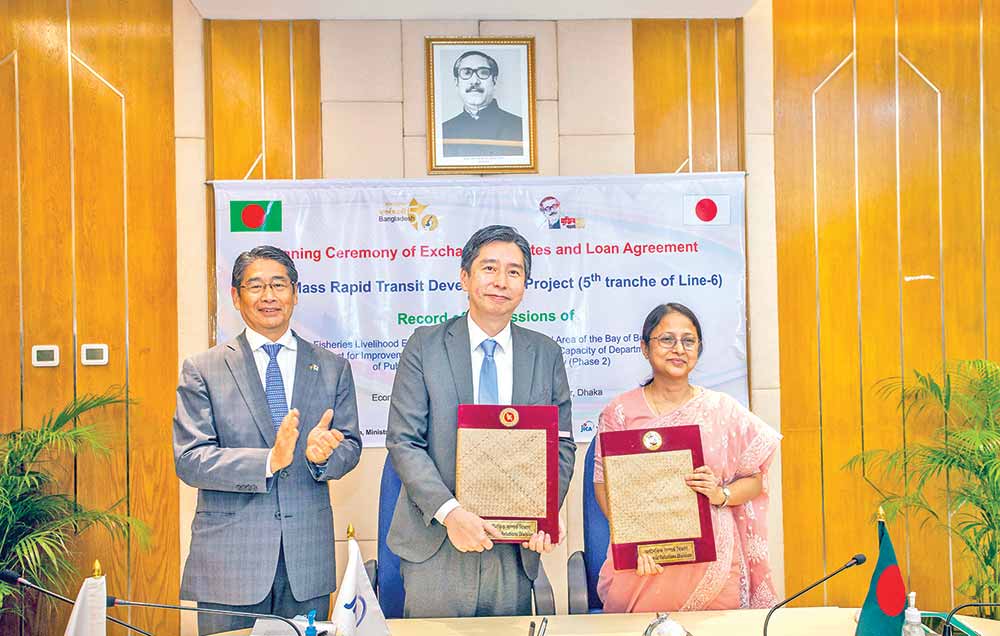 Economic Relations Division (ERD) Secretary Fatima Yasmin, Japanese Ambassador to Dhaka Ito Naoki and (first from left) and Chief Representative of JICA Bangladesh Office Yuho Hayakawa (middle) pose after signing a loan agreement for Dhaka Mass Rapid Transit Development Project, Line 6 in Dhaka on Tuesday.