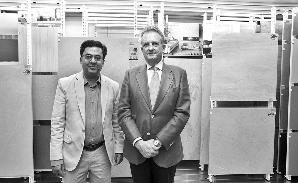 Francisco de As�s Ben�tez Salas, Ambassador of Spain (right) and Tilottoma Bangla Group Managing Director Shahriar Sajjad pose for photograph at Tilottoma Flagship Showroom and Experience Center at Gulshan, Dhaka recently.
