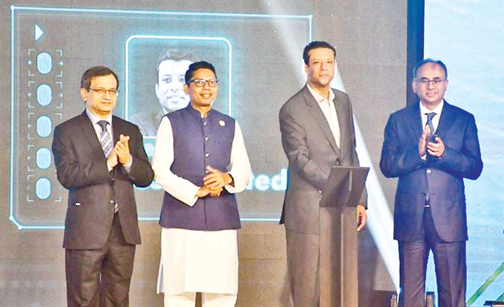 Prime Minister's ICT Affairs Adviser Sajeeb Wazed Joy (2nd from right) flanked by IOT State Minister Zunaid Ahmed Palak (2nd from left), Bangladesh Bank (BB) Governor Abdur Rouf Talukder (extreme right) and ICT Division Senior Secretary NM Zeaul Alam (extreme left) formally inaugurated 'Binimoy', an interoperable digital transaction platform, at a city hotel on Sunday.