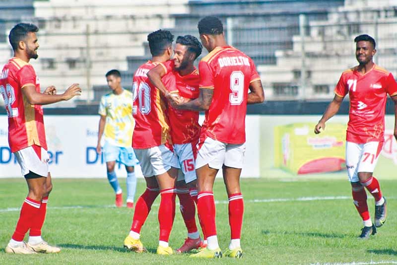 Players of Bashundhara Kings celebrating a goal against Fakirerpool Young Men's Club in its first match in the Independence Cup football in Cumilla on Monday.	photo: BFF 