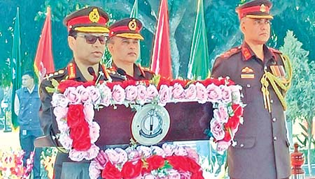Chief of Army Staff Gen SM Shafiuddin Ahmed speaking at a regimental colour awarding ceremony in the annual commanding officers conference of six units of Bangladesh Army at Rajshahi Cantonment on Wednesday.	photo : ispr 