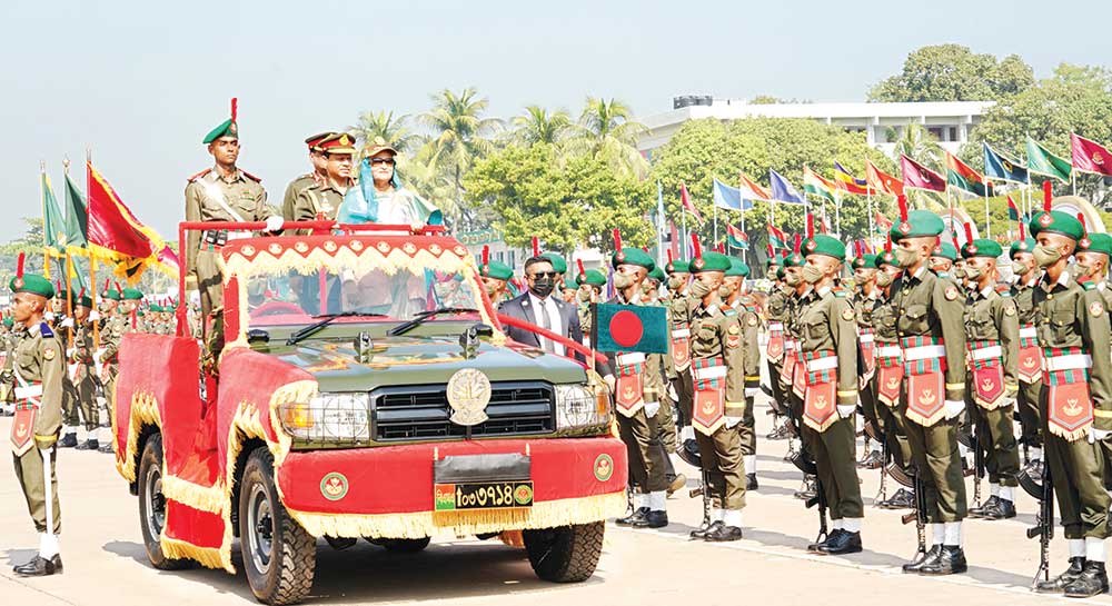 Prime Minister Sheikh Hasina inspects the presidential parade of the 83rd BMA Long Course at Bangladesh Military Academy in Bhatiari, Chattogram on Sunday. 	photo : ispr