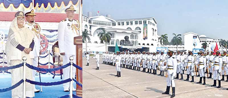 Prime Minister Sheikh Hasina attends President Parade of the passing out cadets of the "Midshipmen 2020 Alfa Batch" and the "Direct Entry 2022 Bravo Batch" of Bangladesh Navy at Bangladesh Naval Academy at Patenga in Chattogram on Thursday.	PHOTO: PID