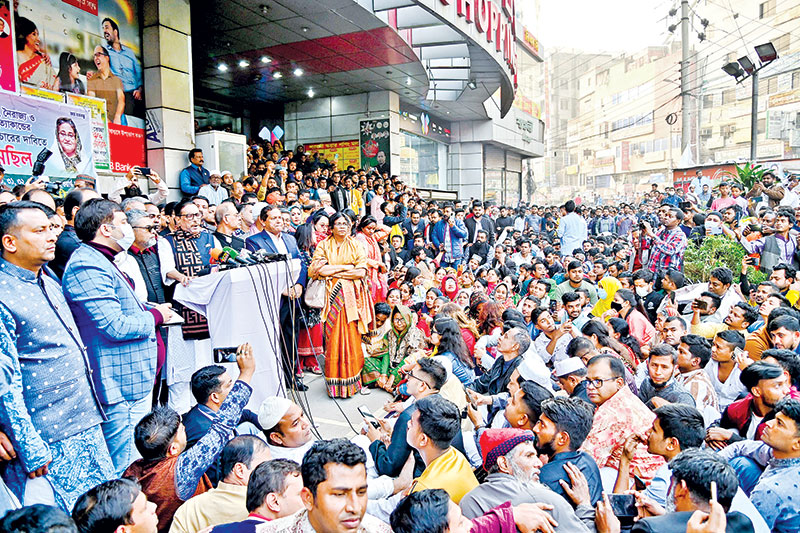 Awami League General Secretary Obaidul Quader speaking at a rally organised by Dhaka North AL in front of Shyamoli Square Shopping Mall in the city on Friday.  PHOTO: OBSERVER
