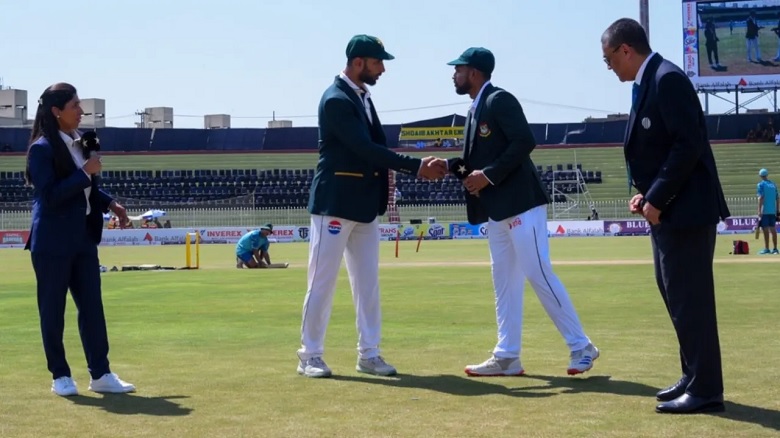 Bangladesh captain Najmul Hossain Shanto and Shan Masood shake hands after toss. Photo: ESPNcricinfo