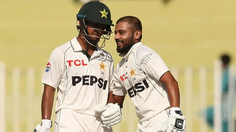 Saim Ayub and Saud Shakeel both hit half-centuries to rescue Pakistan against Bangladesh. Photo: PCB