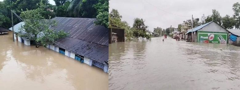 Triggered by continuous rainfall and upstream water, flood situation in Feni district has worsened on Thursday, leaving 350,000 people without electricity and cutting off all forms of communication. Photo: Collected