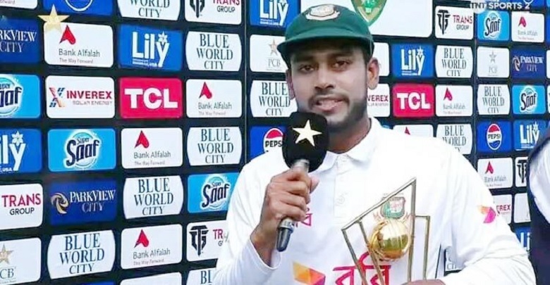 Mehidy Hasan Miraz speaking to the presenter after being Man of the series. Photo: Collected