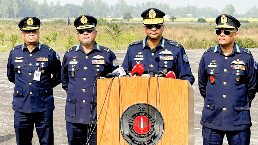 The Chief of Air Staff, Air Chief Marshal Hasan Mahmood Khan speaking to reporters after an inspection of the airport site in Bogura on Sunday. Photo: Observer