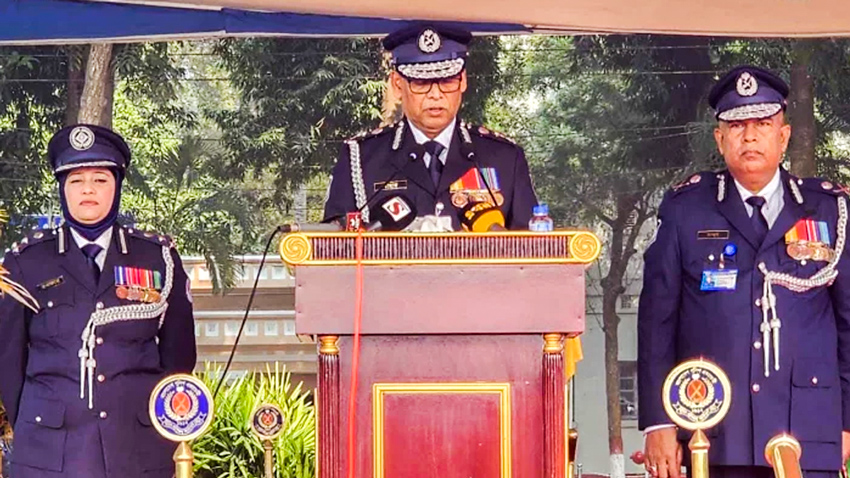 Inspector General of Police (IGP) Baharul Alam speaking at a passing-out ceremony of 40th Cadet Sub-Inspector (SI) batch held in Rajshahi on Wednesday. Photo: Observer