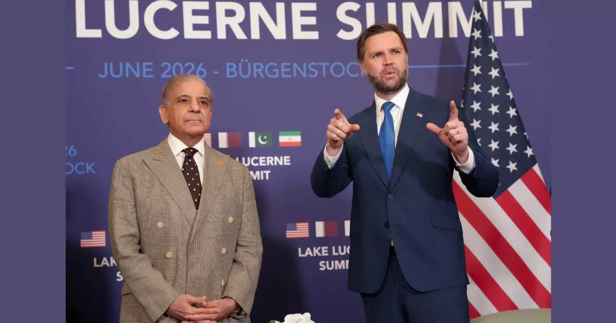 US Vice-President JD Vance (R) meets with Pakistan’s Prime Minister Shehbaz Sharif during high-level talks aimed at advancing a deal to end the Middle East conflict at the Bürgenstock Resort in Obbuergen near Lucerne in Switzerland on Sunday. (Nathan Howard/Pool Photo via AP)