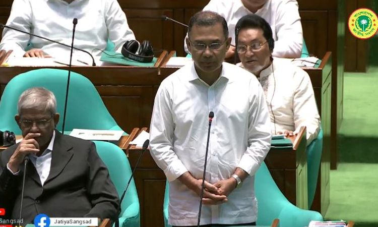 Prime Minister Tarique Rahman is seen speaking in Parliament on Saturday after returning from his six-day visit to Malaysia and China. Photo: Collected