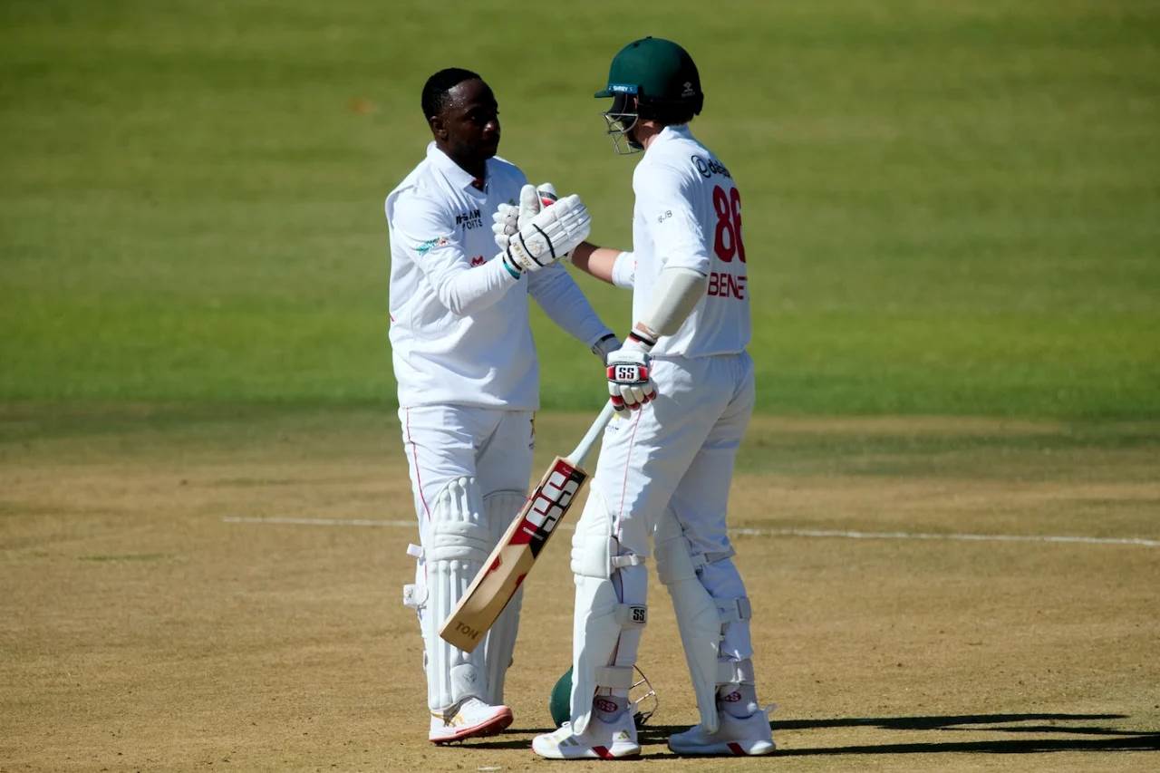 Innocent Kaia and Brian Bennett during the second session on Day 2 of the one-off Test in Harare on Monday. Photo: Collected 
