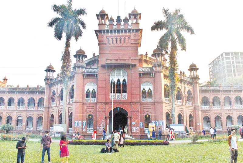 The impressive Aparajeyo Bangla at the Arts Faculty (L) and a majestic view of Curzon Hall of the Science Faculty sybolise the Dhaka University that begins centenary  celebrations today.	PHOTO: OBSERVER