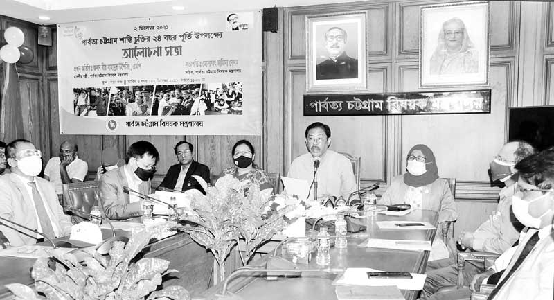 Chattogram Hill Tracts (CHT) Affairs Minister Bir Bahadur Ushwe Sing addresses a discussion at the Ministry's conference room in the capital marking the 24th anniversary of the CHT Peace Accord on Thursday.  	photo: observer