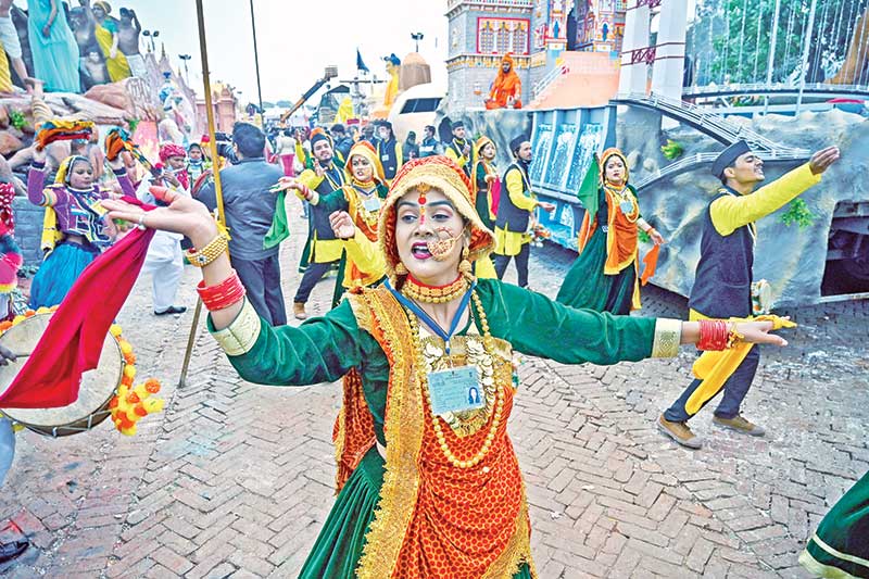 Folk artist of Uttarakhand perform during a tableaux press preview 