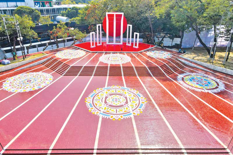 The Central Shaheed Minar is all ready for people to honour the martyrs of the Language Movement. The picture was taken on Sunday. 	PHOTO: OBSERVER