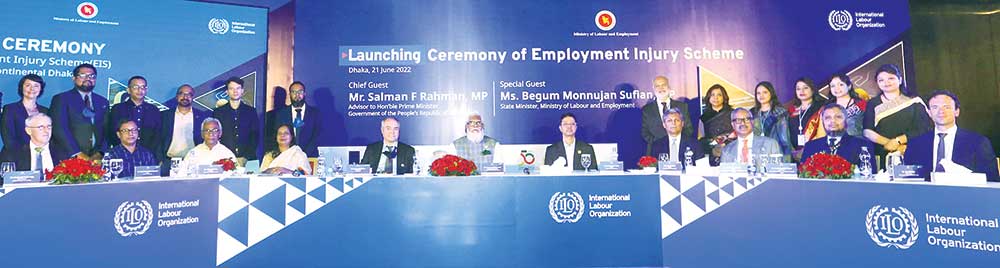 Adviser to the Prime Minister on Private Industry and Investment Salman F Rahman, MP (middle in the sitting row) attends launching of an Employment Injury Scheme Project for workers in the export-oriented ready-made garment (RMG) sector in Dhaka on Tuesday.