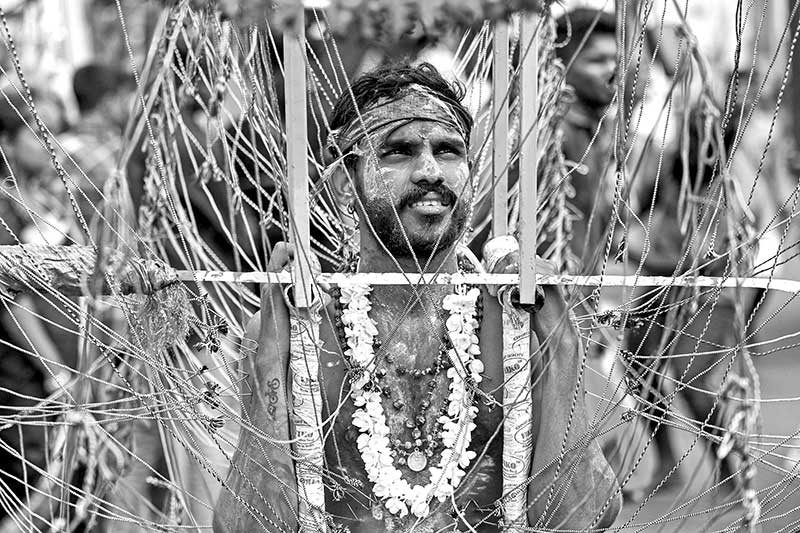 A Tamil Hindu devotee is pictured suspended with hooks 