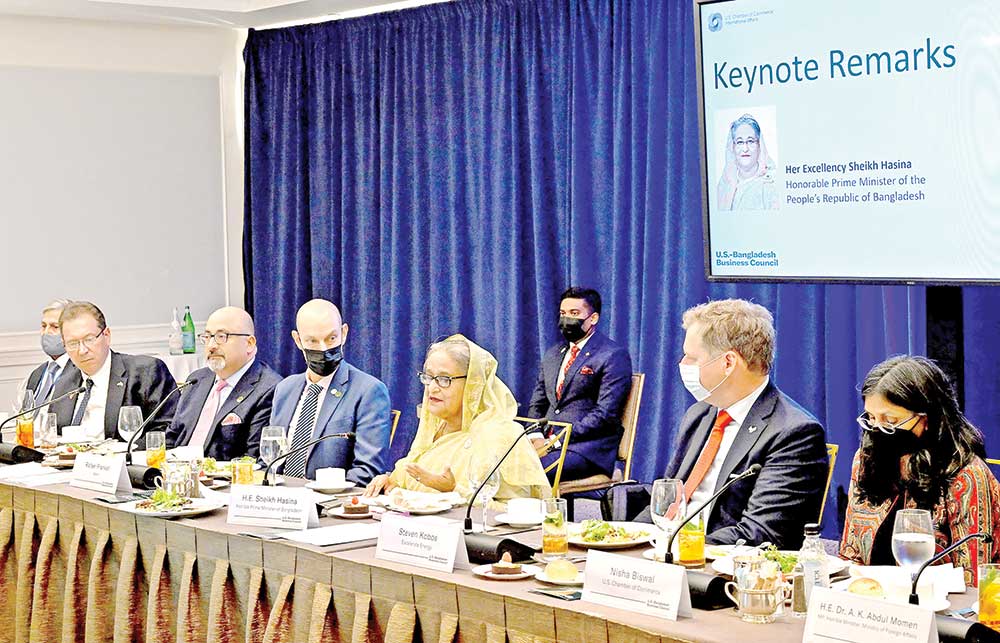 Prime Minister Sheikh Hasina addresses US-Bangladesh Business Council in New York on Thursday. 	PHOTO: PID
