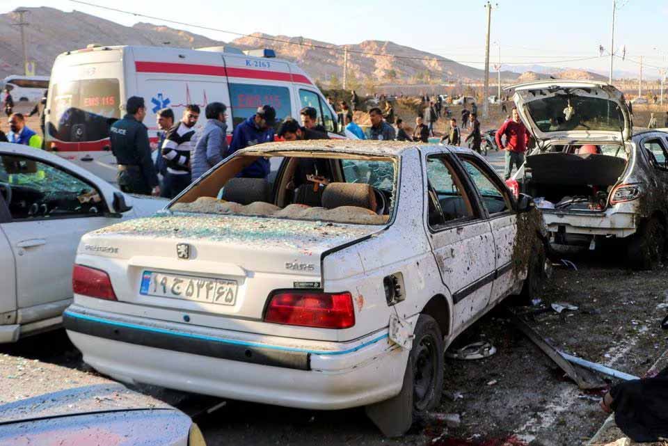 People gather at the scene of explosions during a ceremony held to mark the death of late Iranian General Qassem Soleimani, in Kerman, Iran, January 3, 2024. WANA (West Asia News Agency) via REUTERS