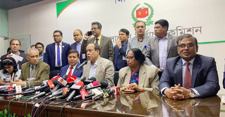 Chief Election Commissioner (CEC) Kazi Habibul Awal addresses a press conference held at Nirbachan Commission Bhaban at Agargaon in the capital on Sunday afternoon.