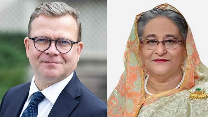 Finland Prime Minister Petteri Orpo (left) and Bangladesh Prime Minister Sheikh Hasina 