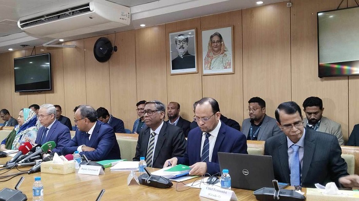 Bangladesh Bank governor Abdur Rauf Talukder announces new Monetary Policy Statement (MPS) for the January-June period of 2024 at the central bank head office in Dhaka on Wednesday.