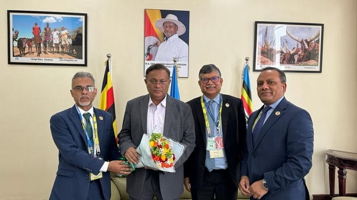 Foreign Minister Dr Hasan Mahmud is being received by Bangladesh High Commissioner to Kenya and Uganda Tareque Muhammad upon his arrival at the Entebbe International Airport in Uganda on Friday (January 19) afternoon