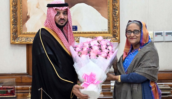 Saudi Ambassador to Bangladesh Essa Yousef Essa Alduhailan calls on Prime Minister Sheikh Hasina at her official residence Ganabhaban in Dhaka on Tuesday (January 23, 2024).