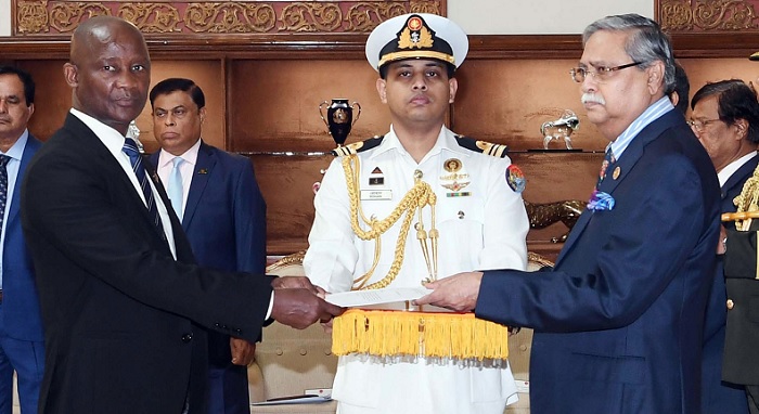 President Mohammed Shahabuddin (right) receives credentials of newly appointed High Commissioner of Botswana Gilbert Shimane Magole at Bangabhaban in Dhaka on Wednesday (January 31, 2024) 