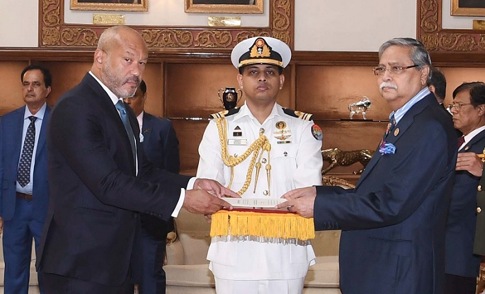 President Mohammed Shahabuddin (right) receives credentials of newly appointed High Commissioner of Jamaica Jason K. Hall at Bangabhaban in Dhaka on Wednesday (January 31, 2024) 