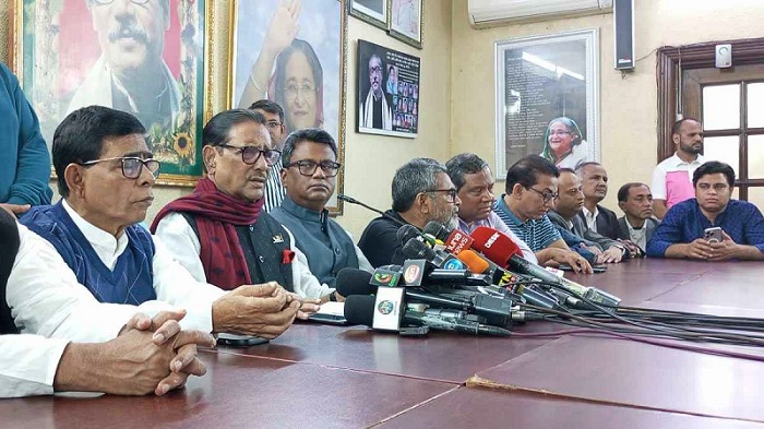 Awami League general secretary Obaidul Quader addresses a press conference at AL president's Dhanmondi political office in the capital on Tuesday (February 20, 2024) afternoon.