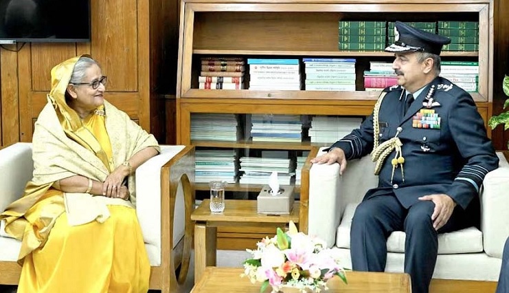 Visiting Chief of the Air Staff of India Air Chief Marshal Vivek Ram Chaudhari (right) calls on Prime Minister Sheikh Hasina at her Sangsad Bhaban office in Dhaka on Tuesday (February 27, 2024). 