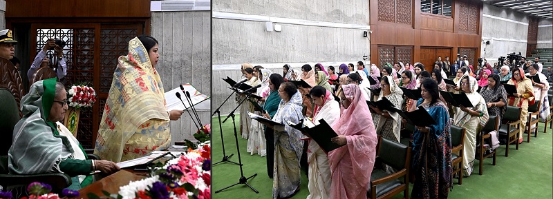 In presence of Prime Minister Sheikh Hasina (sitting left), Jatiya Sangsad Speaker Shirin Sharmin Chaudhury administers oath to members of parliament (MPs) elected uncontested to 50 reserved seats of women on Wednesday (February 28, 2024) afternoon.