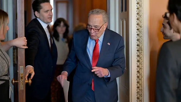 US Senate Majority Leader Chuck Schumer (D-NY) leaves the weekly Senate caucus luncheon on Capitol Hill in Washington, US, on March 12, 2024. (Reuters)