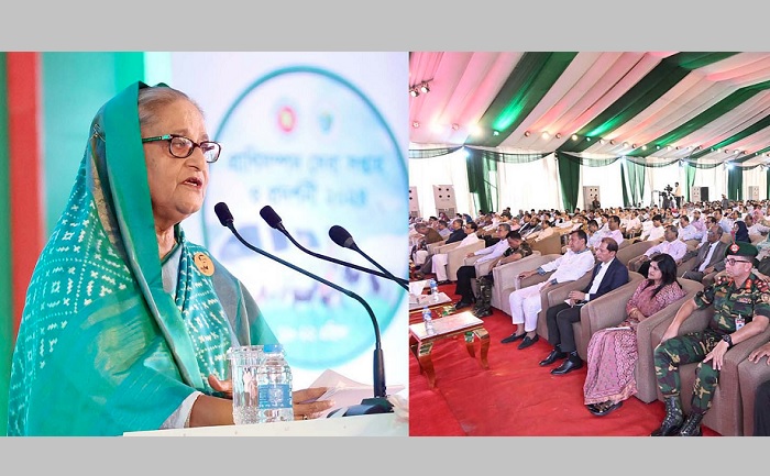  Prime Minister Sheikh Hasina addresses the opening ceremony of the Livestock Services Week and Exhibition 2024 as the chief guest at the old Trade Fair Ground at Sher-e-Bangla Nagar in the city on Thursday.