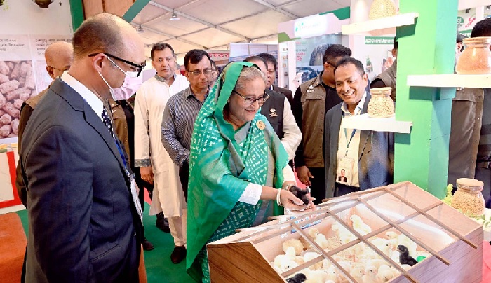 Prime Minister Sheikh Hasina holds chicks while visiting a stall at the opening ceremony of the Livestock Services Week and Exhibition 2024 as the chief guest at the old Trade Fair Ground at Sher-e-Bangla Nagar in the city on Thursday.