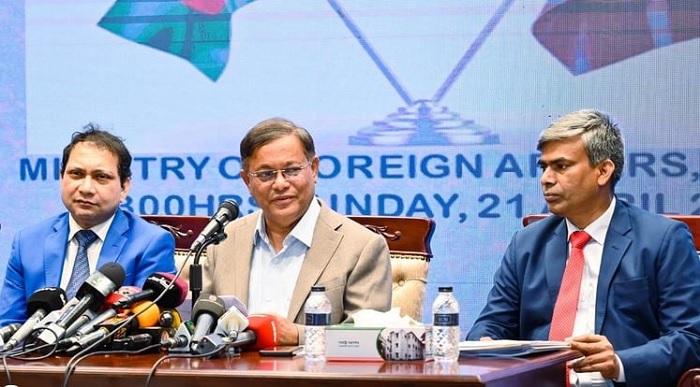 Foreign Minister Dr Hasan Mahmud speaks at a press conference at his ministry in Dhaka marking the state visit of Qatar Amir Sheikh Tamim bin Hamad Al Thani to Bangladesh from April 22 to 23.