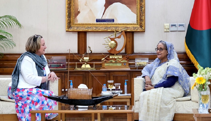 UK Minister of State for the Indo-Pacific Anne-Marie Trevelyan (left) paid a courtesy call on the Prime Minister Sheikh Hasina at her official Ganabhaban residence in Dhaka on Wednesday (May 8) afternoon