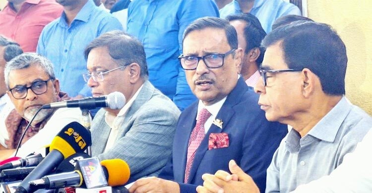 Awami League General Secretary and Road Transport and Bridges Minister Obaidul Quader addresses a press conference in the capital on Wednesday