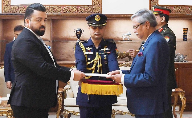 Newly-appointed ambassador of Guatemala Omar Lisandro Castaneda Solares presents his credential to President Mohammed Shahabuddin at Bangabhaban in Dhaka on Tuesday, May 28, 2024