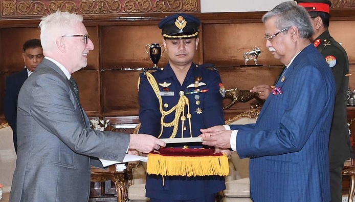 Newly-appointed ambassador of Ireland Kevin Kelly presents his credential to President Mohammed Shahabuddin at Bangabhaban in Dhaka on Tuesday, May 28, 2024