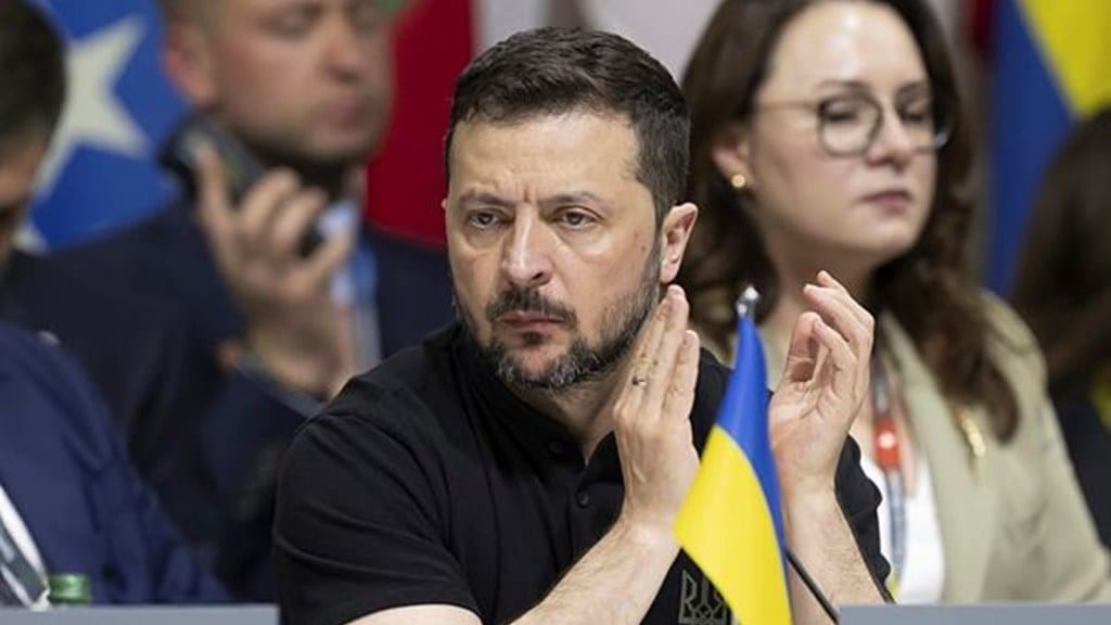 Ukrainian President Volodymyr Zelenskyy attends the plenary session during the Summit on peace in Ukraine. (AP Photo)